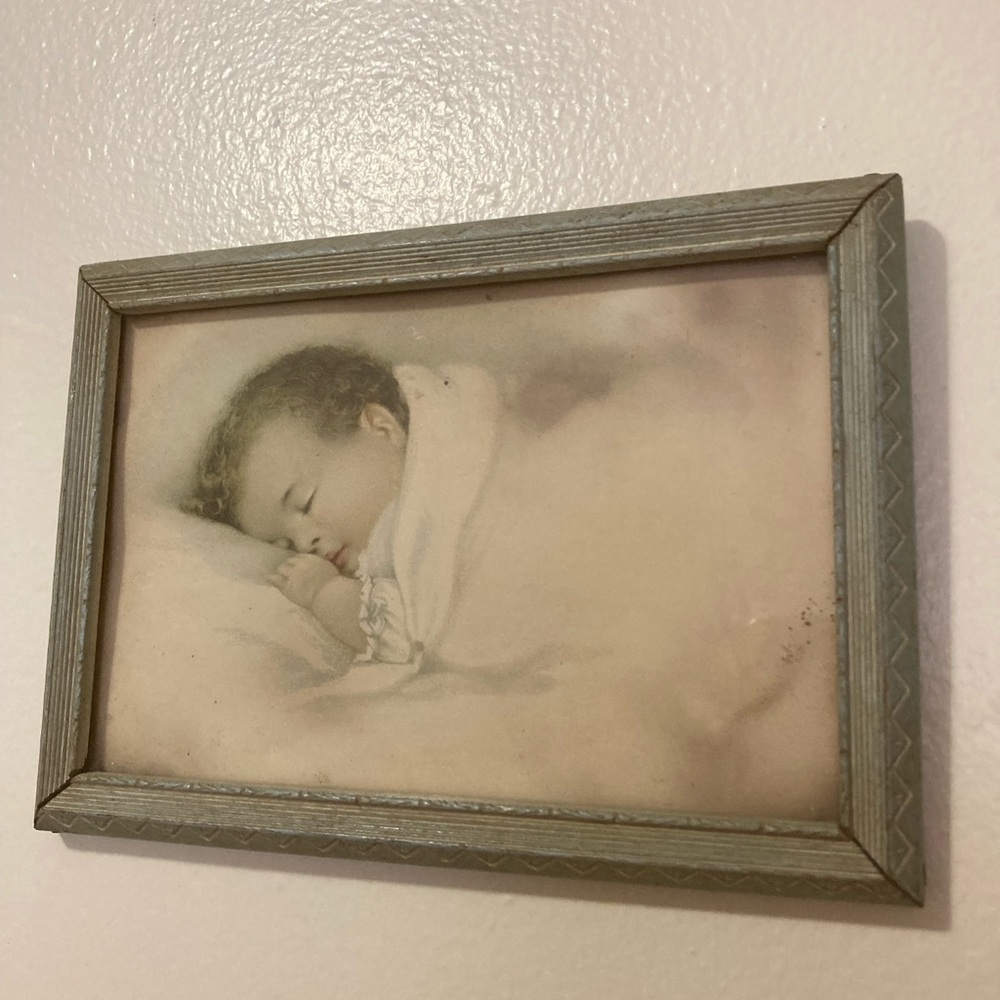 ANTIQUE PICTURE ART DECO FRAME BABY - Blue Wood Frame w Cream Art Deco Trim